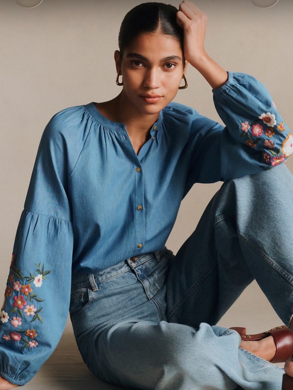 Sezane Nerissa Shirt Multicolor Placed Embroidery Chambray Background - Size 40